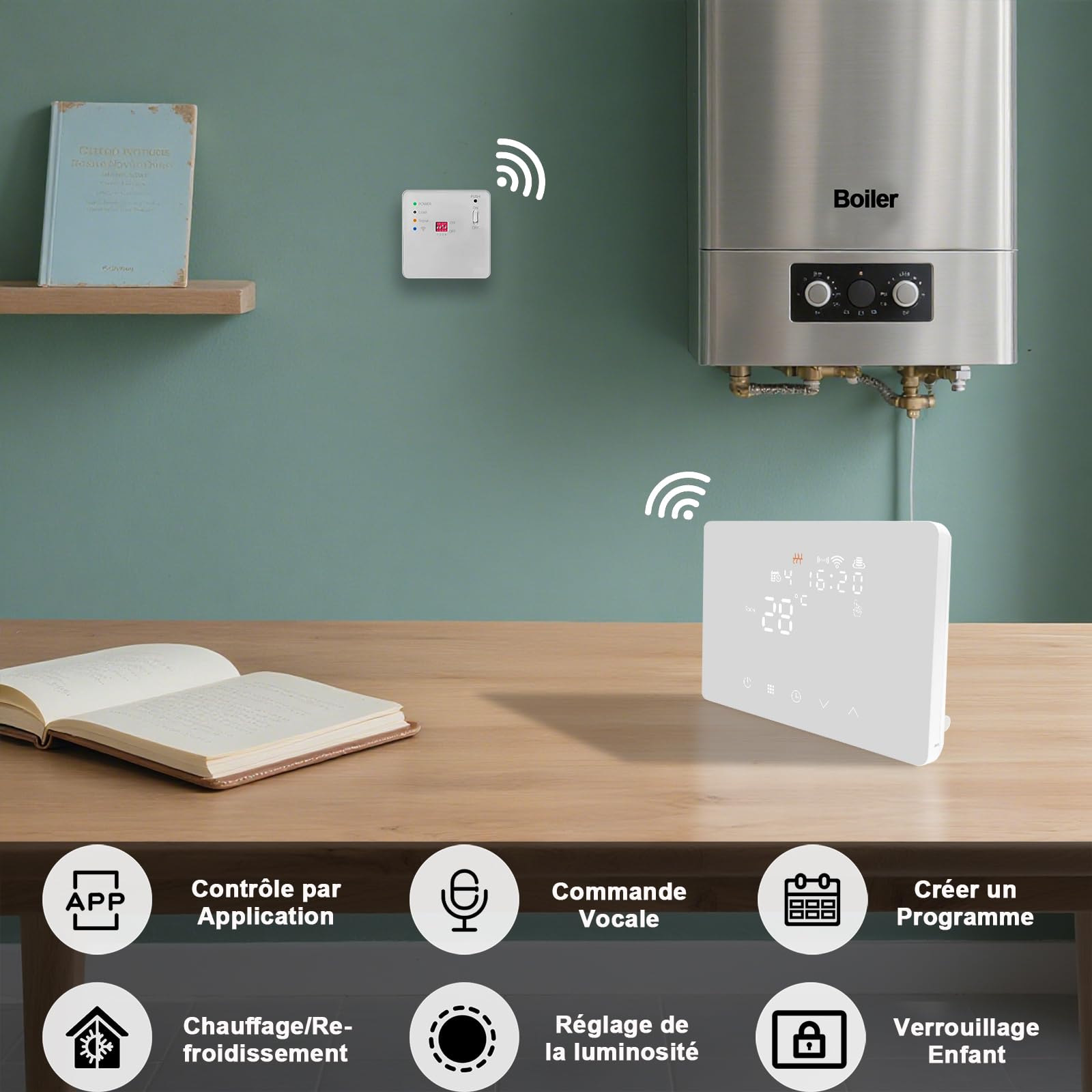 KETOTEK Thermostat sans Fil avec RF Récepteur WiFi pour Chaudiere Gaz/Chauffage au Sol à Eau 5A 220V, Intelligent Thermostat Kit pour Chaudiere Compatible avec Alexa, Contrôle de Tuya/Smart Life App
