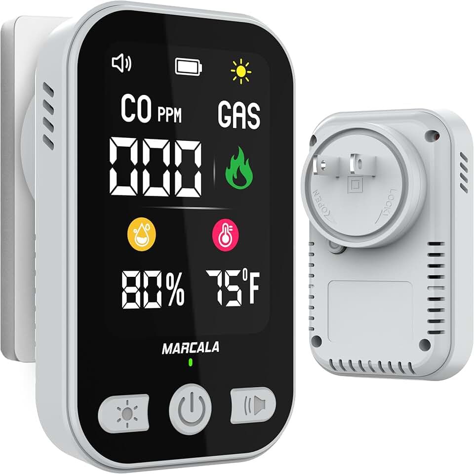 MARCALA 2026 1-Pack Travel Carbon Monoxide Detector | Carbon Monoxide Detectors Portable | Carbon Monoxide and Gas Detectors | Wall Plug-in & Battery for Power Outage | Temp, Humidity, Gas & CO Alarm!