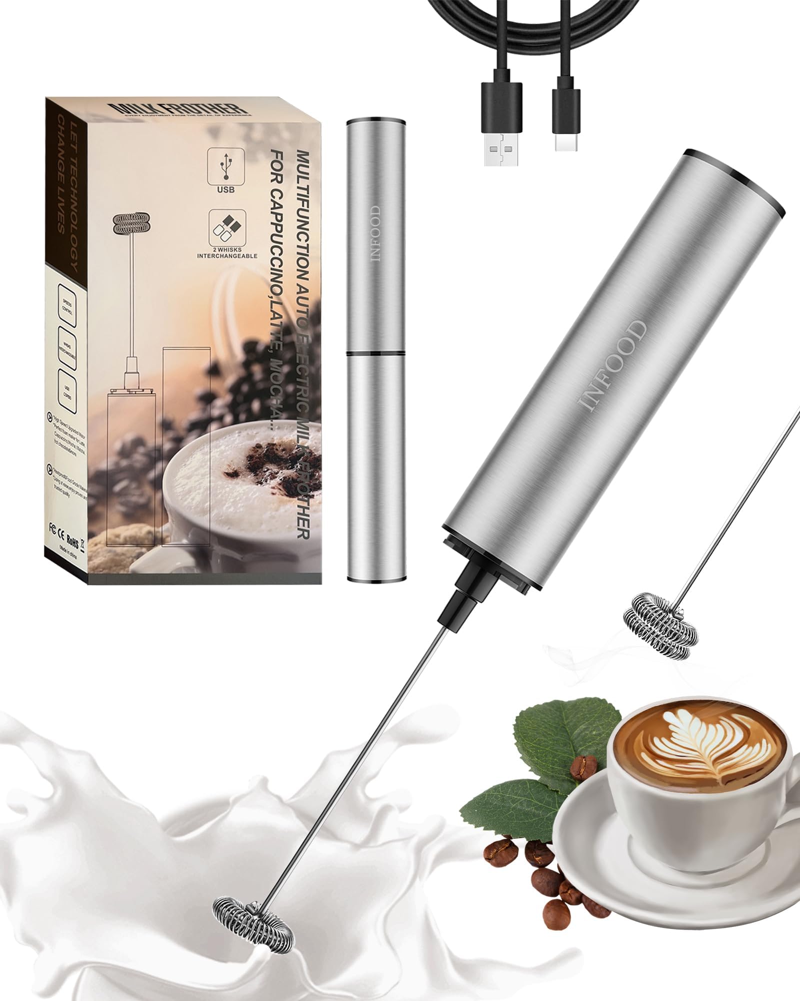 Milk Frother Rechargeable with Cover - Coffee Frother Wand, Drink Mixer Handheld with 2 Detachable Stainless Whisks 2 Speed Adjustable for Latte, Cappuccino, Hot Chocolate, Egg, Silver