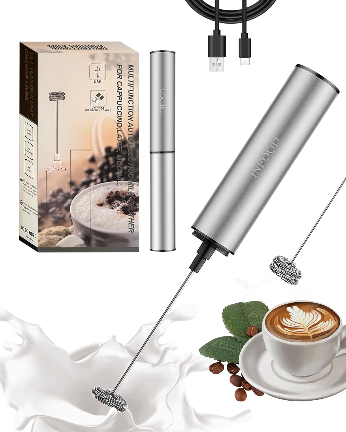 INFOOD Milk Frother Rechargeable with Cover - Coffee Frother Wand Drink Mixer Handheld with 2 Detachable Stainless Whisks