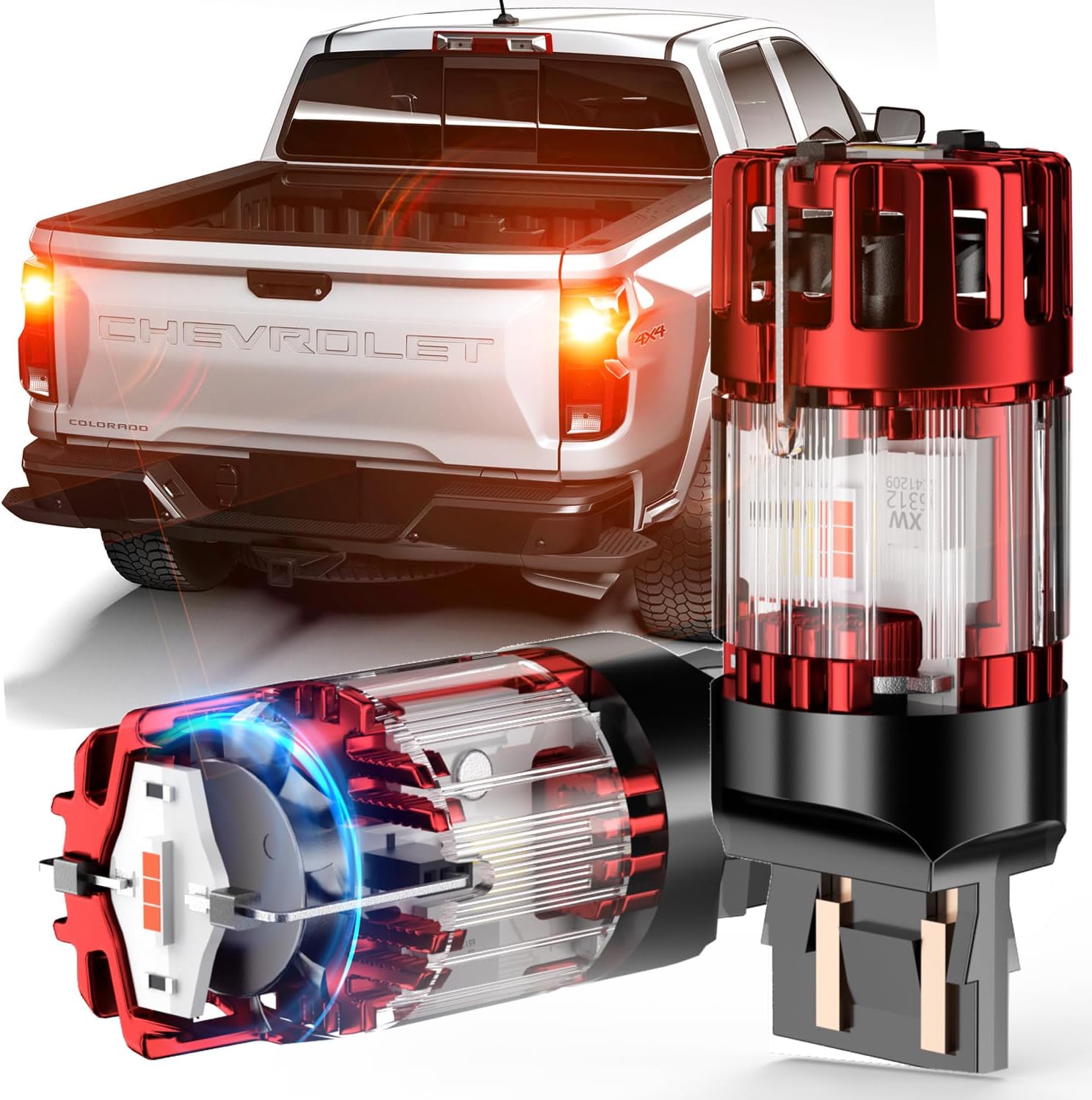 7443 W21/5W Red LED Brake Tail Light Bulbs for 2015-2025 Chevrolet Colorado /2014-2025 Silverado 1500 / 2015-2019 2500 3500 HD,CANBUS Error Free,No Hyper Flash-Powerful & Super Bright with Cooling Fan