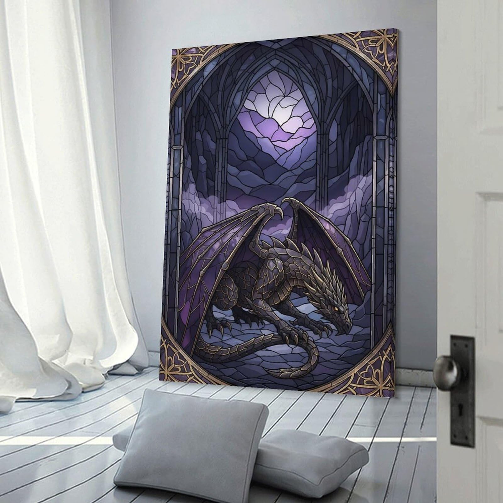 Junmoney Stained Glass Dragon in Gothic Archway Canvas Wall Picture, 20x30inch(50x75cm), for Wall Displays, Bedrooms Or Room Updates, Wall Decor Suited to Curated Displays