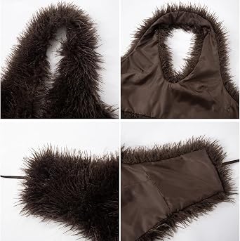 Ecirod Womens Y2K Fuzzy Faux Fur Collar Halter Vest Crop Tops Sexy Sleeveless Backless Tie Lace Up Waistcoat