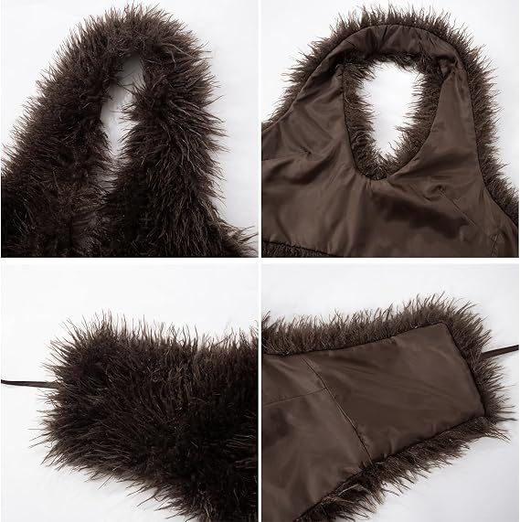 Ecirod Womens Y2K Fuzzy Faux Fur Collar Halter Vest Crop Tops Sexy Sleeveless Backless Tie Lace Up Waistcoat