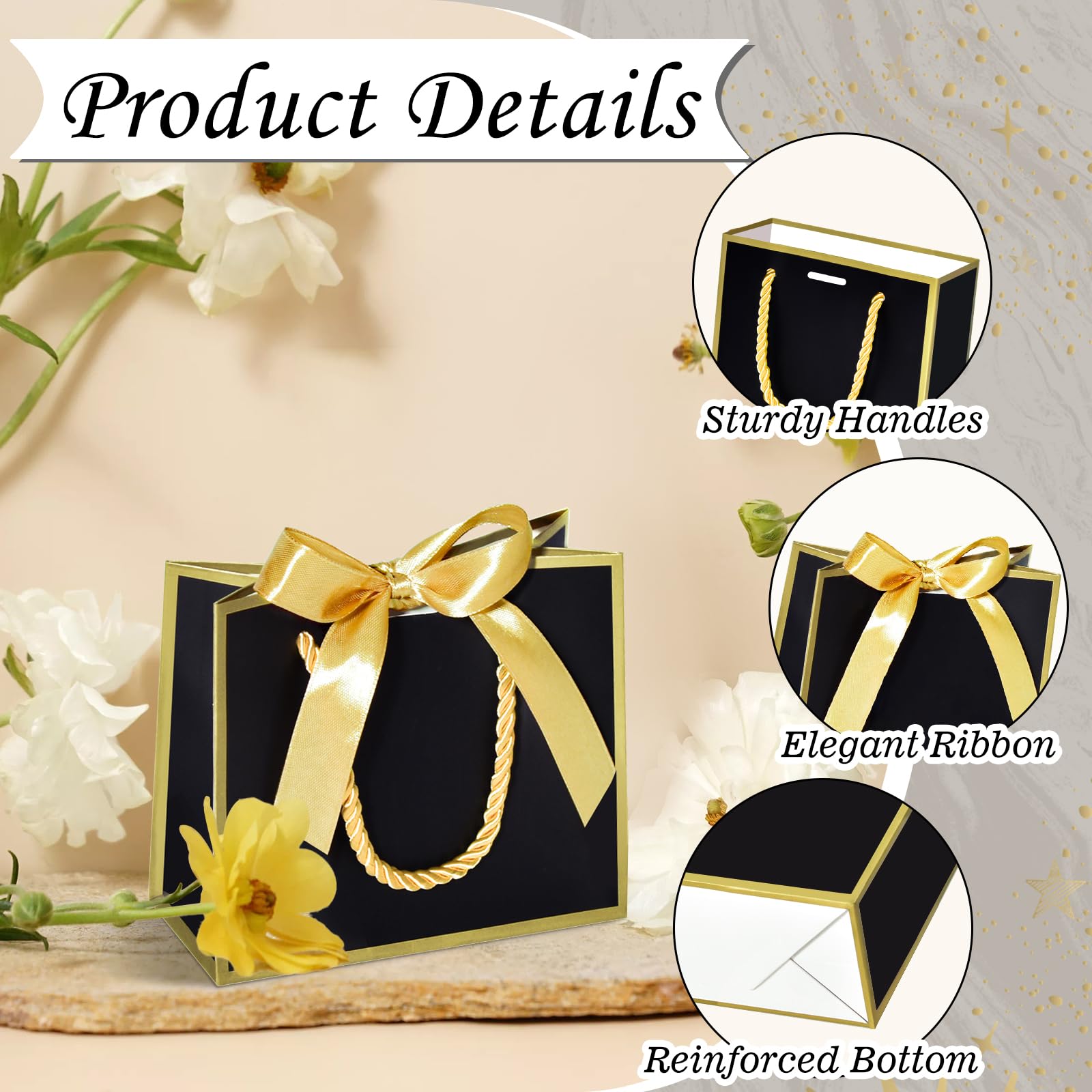 EQOREIIN 50 bolsas de regalo pequeñas con cinta, mini bolsas de papel metálicas con asas, 5.5 x 2.5 x 4.7 pulgadas, bolsas de regalo de agradecimiento a granel para recuerdos de fiesta, día de la