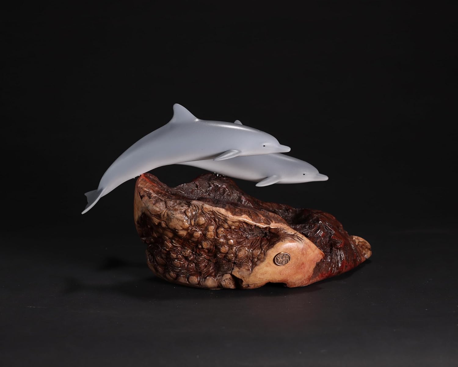 Dolphin Pair by John Perry 9 in Long Sculpture Airbrushed Figurine on Polished burlwood Base.