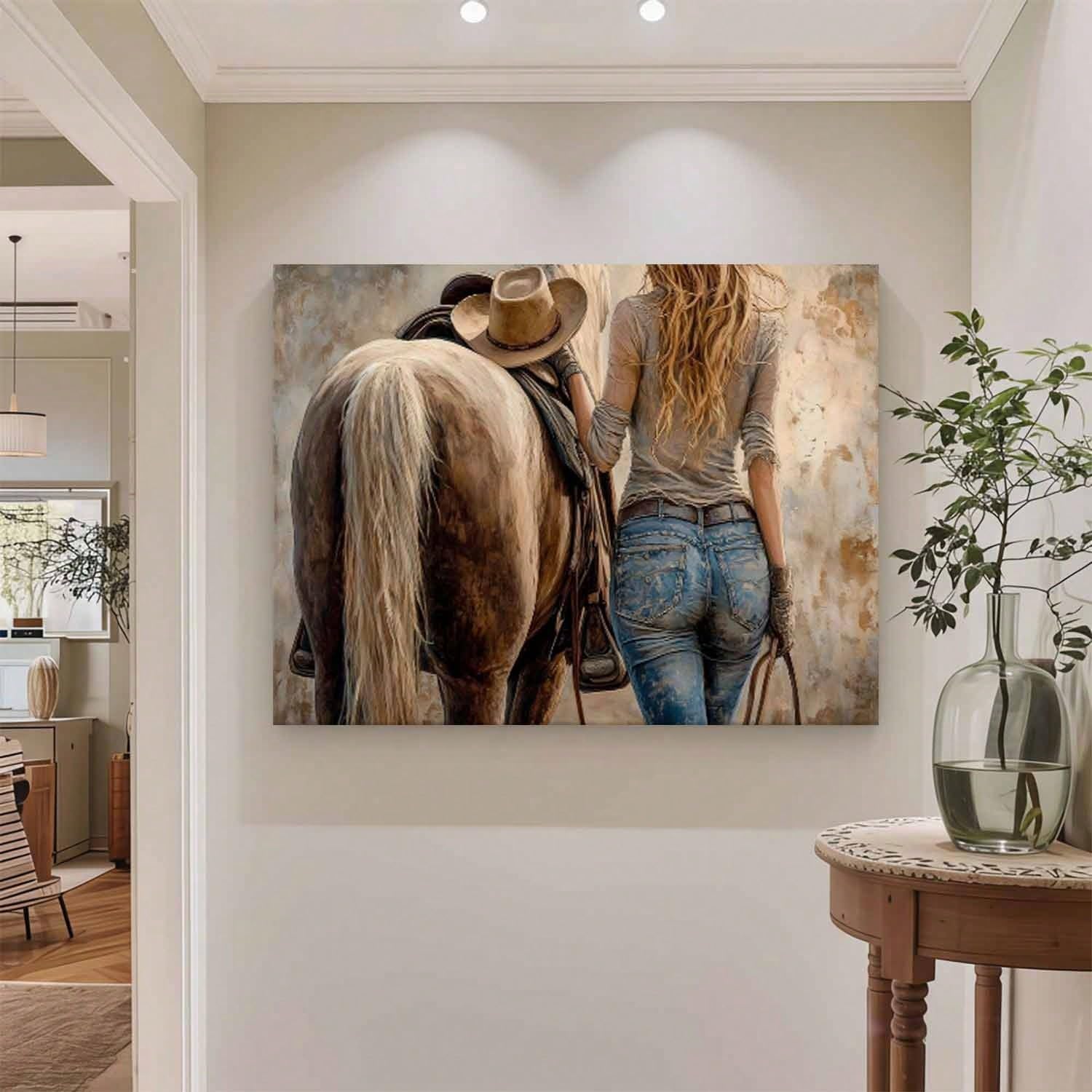 LYBCEOUG Wanddeko „Cowgirl“, Leinwanddruck „Reiterin mit Pferd“, Schlafzimmer-/Wohnzimmerdekoration (50 x 70 cm/mit Rahmen)