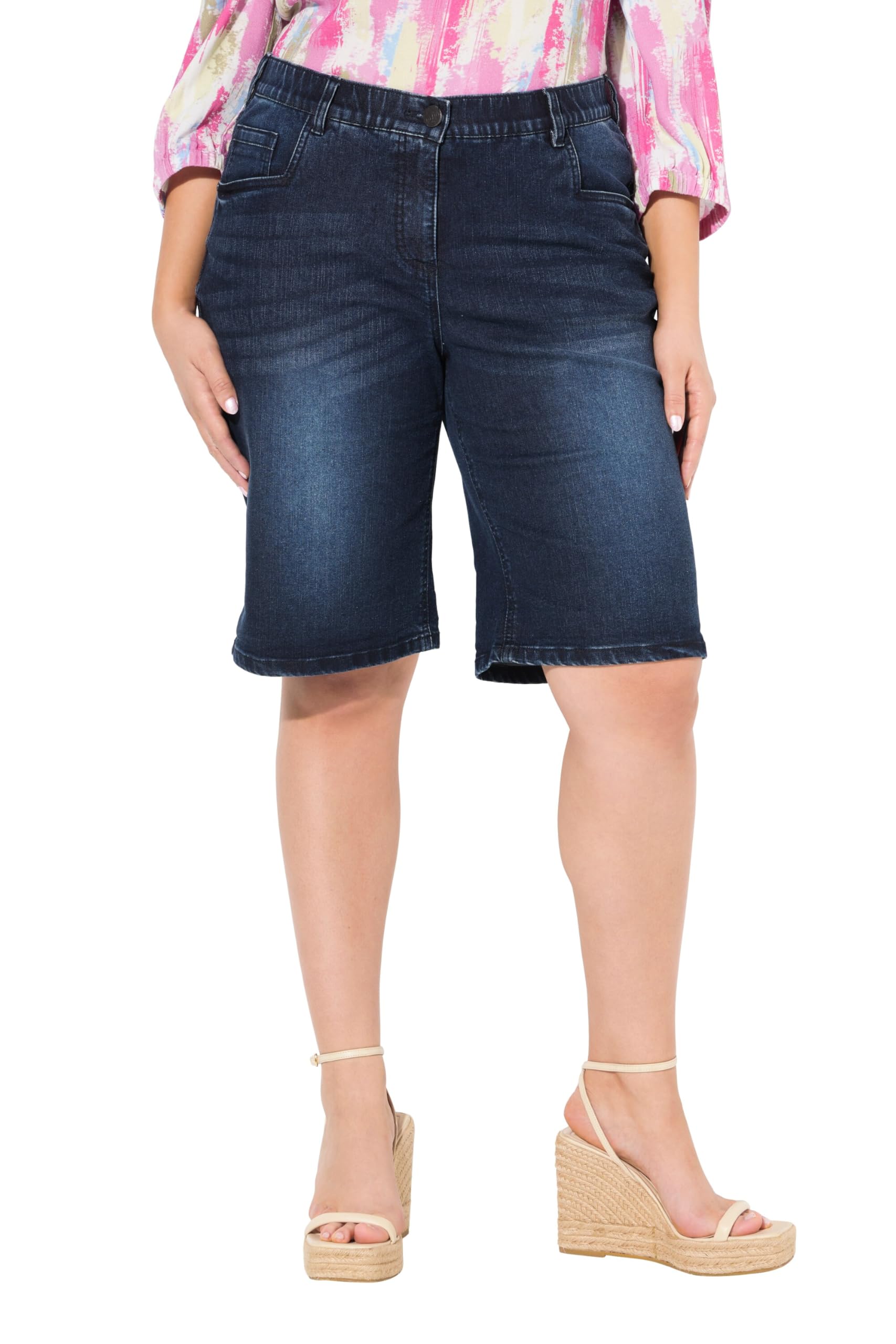 Ulla Popken Damen große Größen Übergrößen Plus Size Boyfriend-Jeansbermuda, weites Bein, Elastikbund 840247