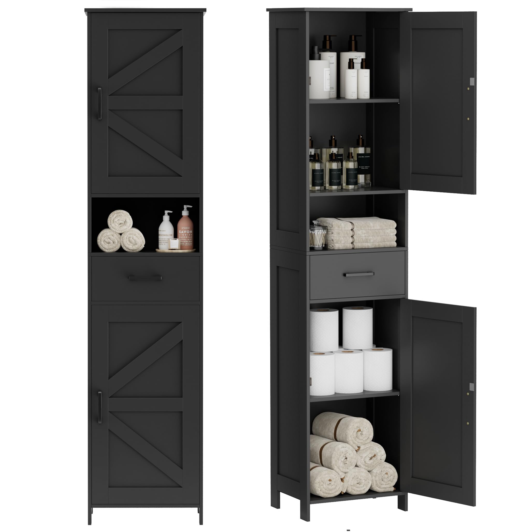 Homhedy 67" H Tall Bathroom Storage Cabinet with 2 Barn Doors and 1 Drawer?Storage Cabinet, Adjustable Shelves?Floor Cabinet for Bathroom, Living Room, Entryway, Kitchen, Black, (15.7" W)