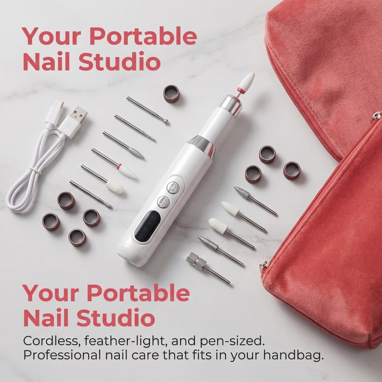 Elektrischer Nagelfräser Kabellos, 45000 U/min Professionelles Nagelfeile Set für Gelnägel & Acrylnägel, 12 in 1 Maniküre und Pediküre Gerät mit Verstellbarer Geschwindigkeit für Anfänger