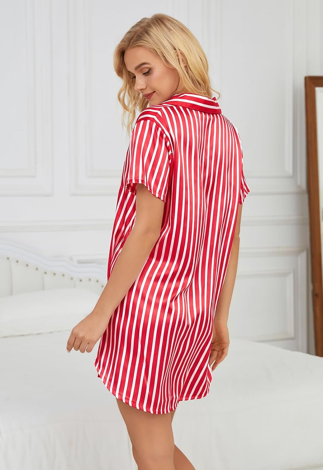 Soft Satin Boyfriend Long Nightshirt for Women - Button Down Silky Nightgown with Timeless Stripes - Image 2