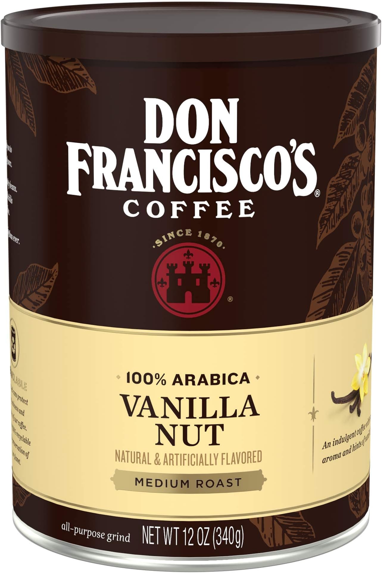 Don Francisco's Premium Vanilla Nut Ground Flavored Coffee: Rich, Aromatic 100% Arabica Beans - Family Crafted for a Delightful Morning Brew (12 oz Can)