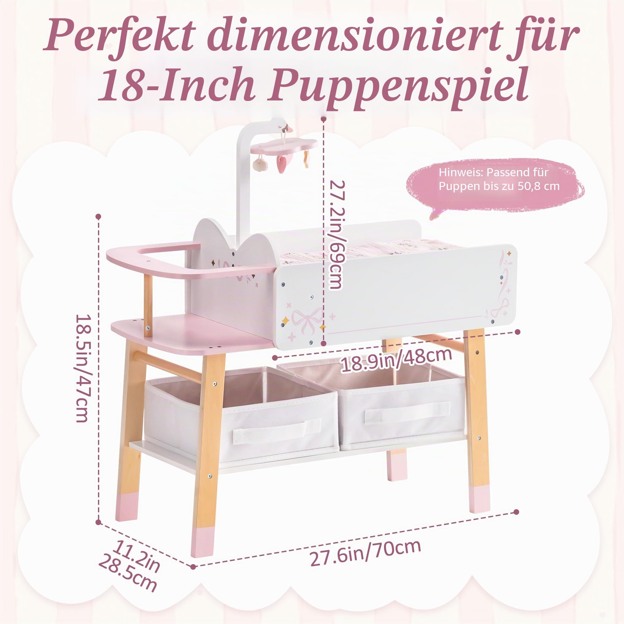 ROBUD Puppen Wickeltisch mit Hochstuhl für 45 cm Puppen, 2-in-1 Puppenmöbel Holz mit Waschbecken & Aufbewahrung, Puppenwickeltisch Puppenpflege Station, Geschenk für Mädchen ab 3 Jahren