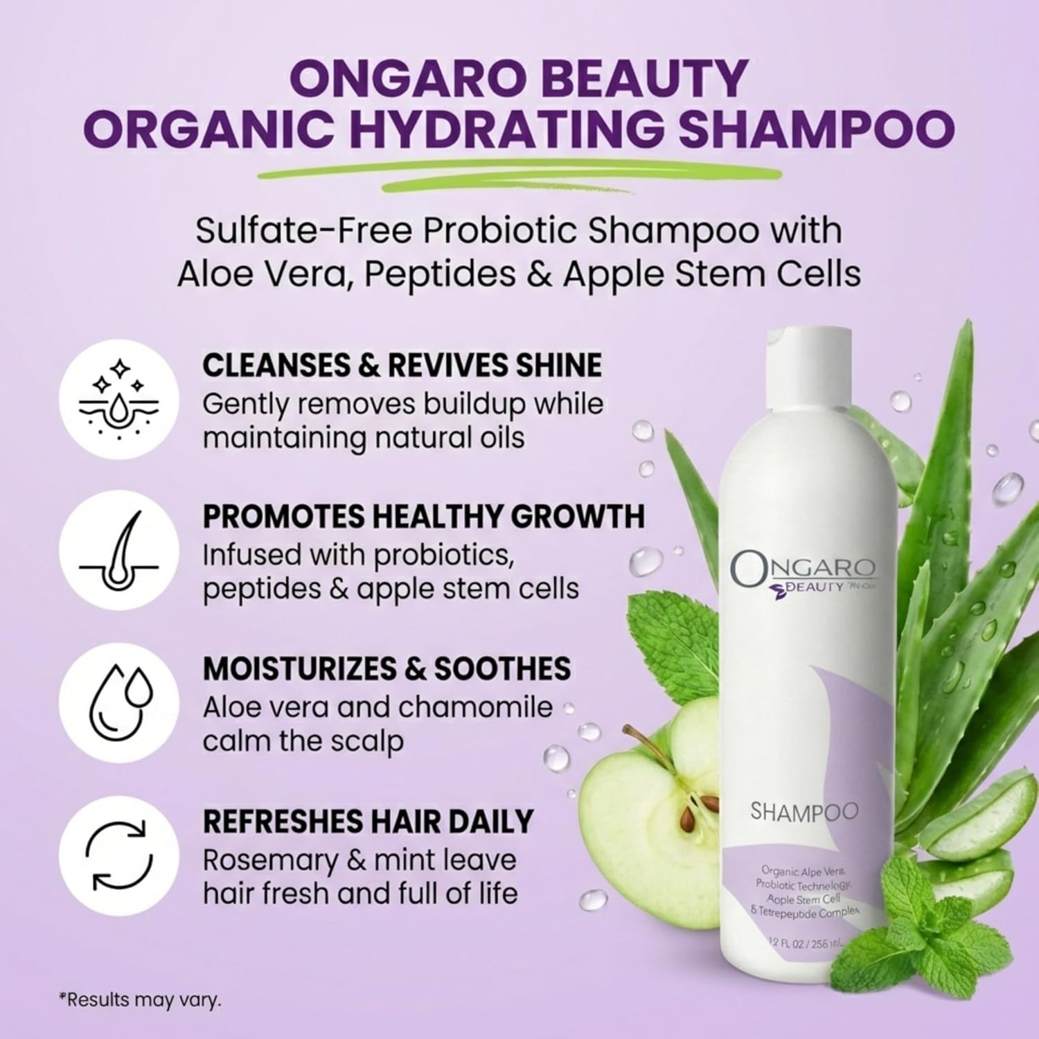 Ongaro Beauty Organic Hydrating Shampoo - Sulfate-Free Probiotic Shampoo with Aloe Vera, Peptides & Apple Stem Cells - Promotes Healthy Hair Growth for Dry, Oily, and Colored - 12 fl oz - Image 2