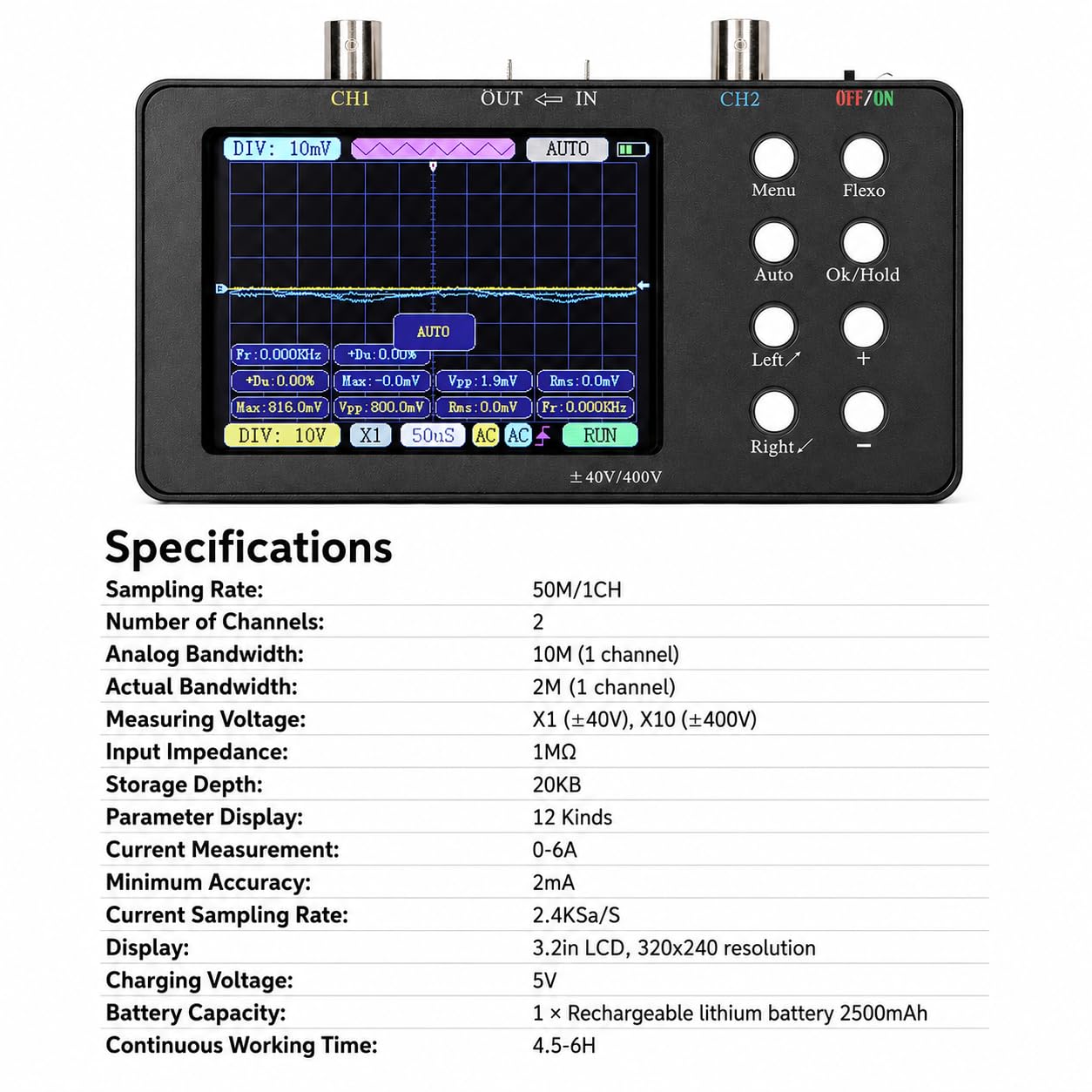 Fyearfly Oscilloscopio A Doppio Canale, Oscilloscopio Digitale Multimetro Generatore di Segnale Portatile A 2 Canali Larghezza di Banda 2 MHz con Display LCD Retroilluminato + Clip A Coccodrillo