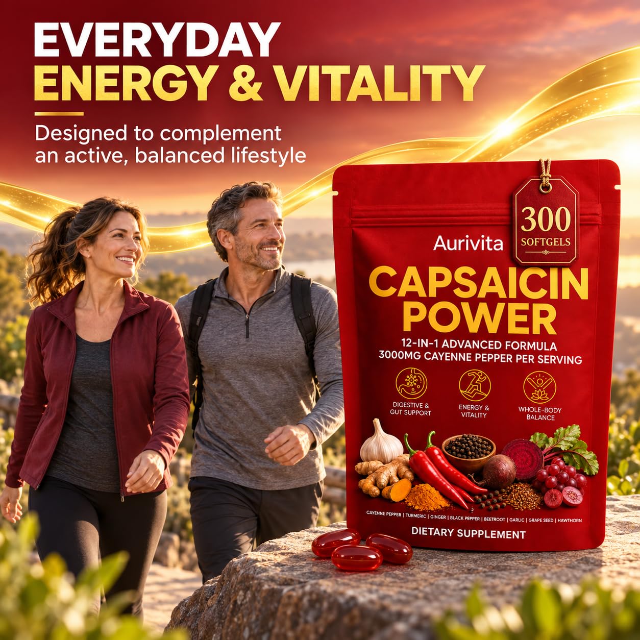 Aurivita Capsaicin Power - 300 Softgels Cayenne Pepper Supplement, with Vitamin E D3 & K2, Beetroot & Turmeric, Supports Circulation & Daily Energy — Amazon image 7