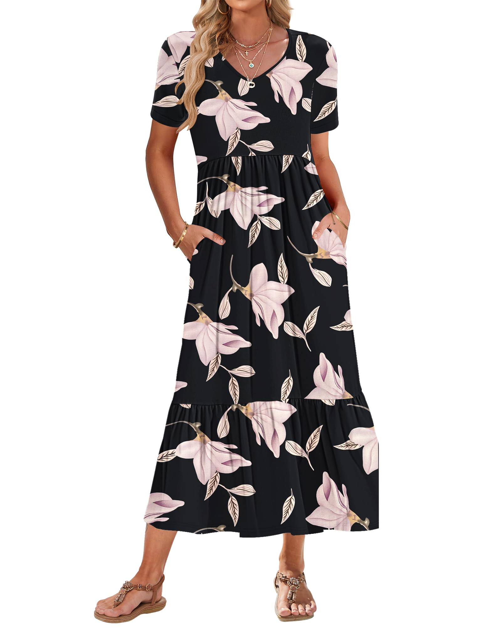 AUSELILY Vestito Estivo da Donna Abito Lungo a Maniche Corte Abito Lungo da Donna Abito Estivo da Spiaggia con Scollo a V e Vita Impero con Tasche