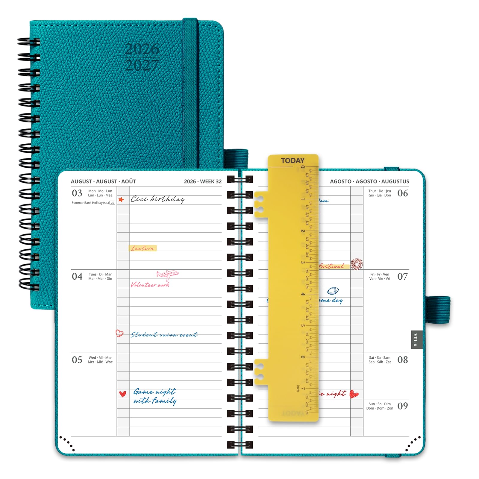 POPRUN 2026-2027 A6 Academic Diary Week to View (16x10.5 cm) Soft Cover Spiral Horizontal Weekly Planner 17 Months (Aug'26 - Dec'27) Mid Year 26/27(Pacific Green)