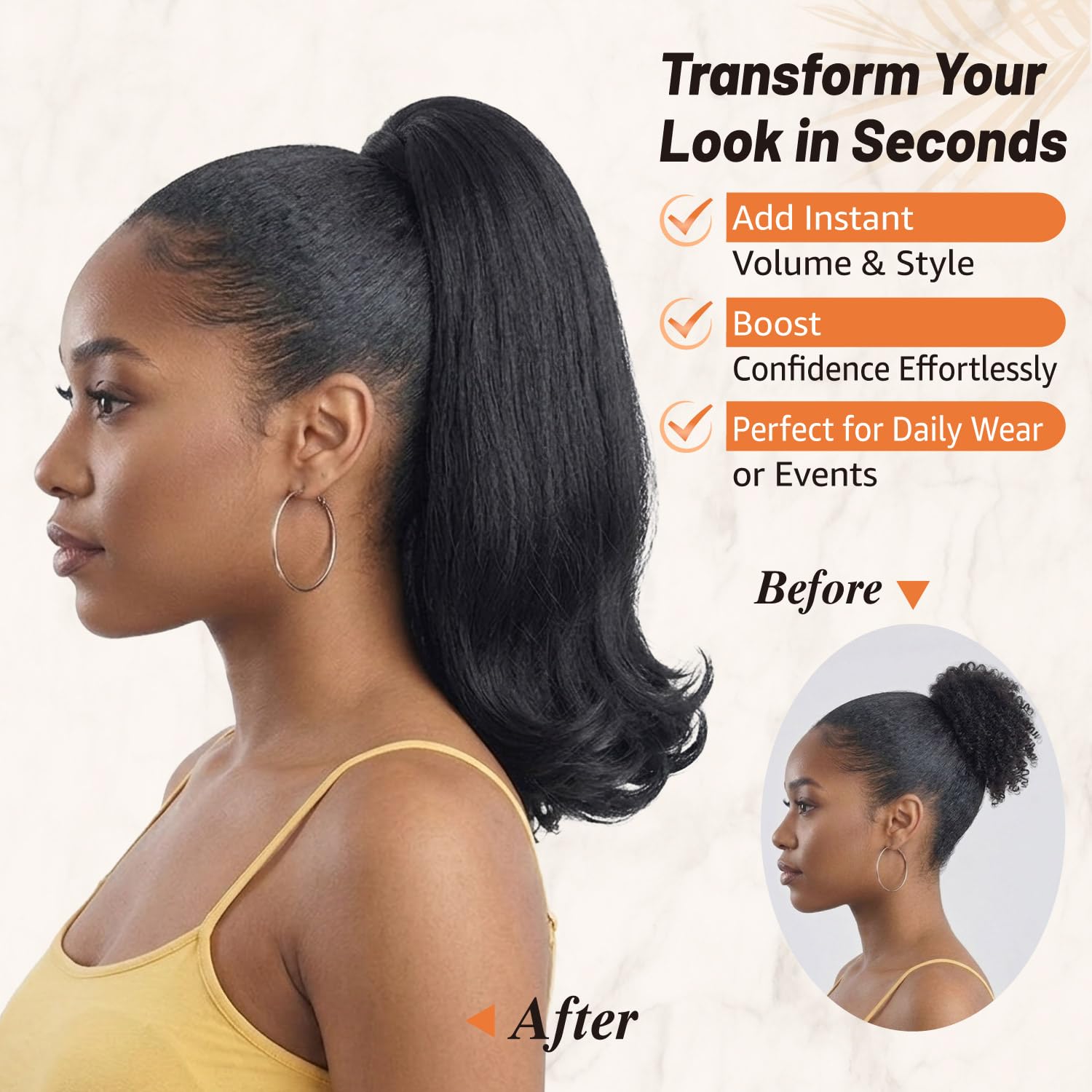 Flick Ponytail Extension for Black Women, 14 Inch Yaki Straight Wrap Around Velcro Ponytail, Synthetic Shoulder-Length Hairpiece for Daily Use, Natural Black