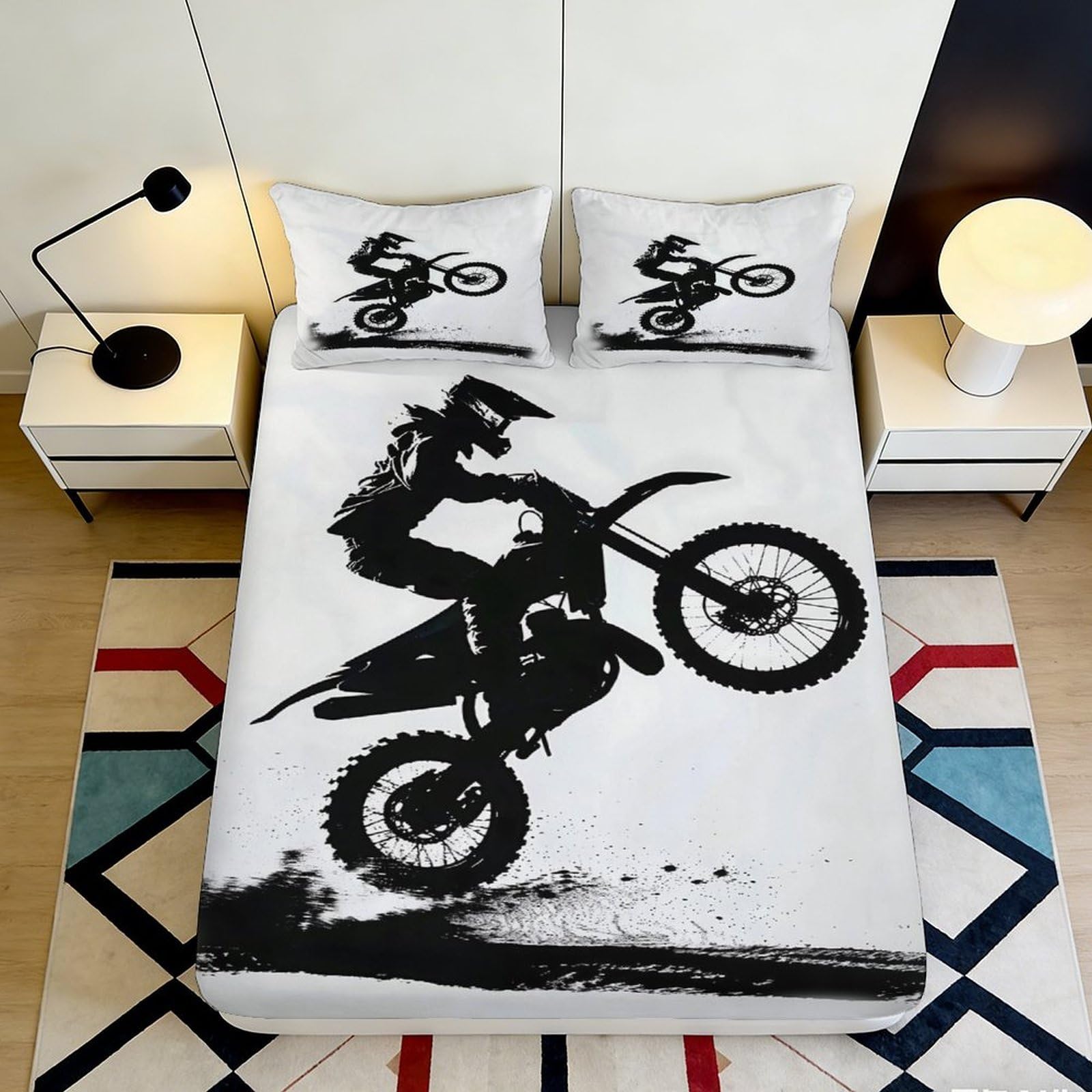 3D Printed Motocross Rider Fitted Sheet Microfiber Soft Black White Dirt Bike Bed Cover for Bedroom Guest Room Decor 90x200x25cm