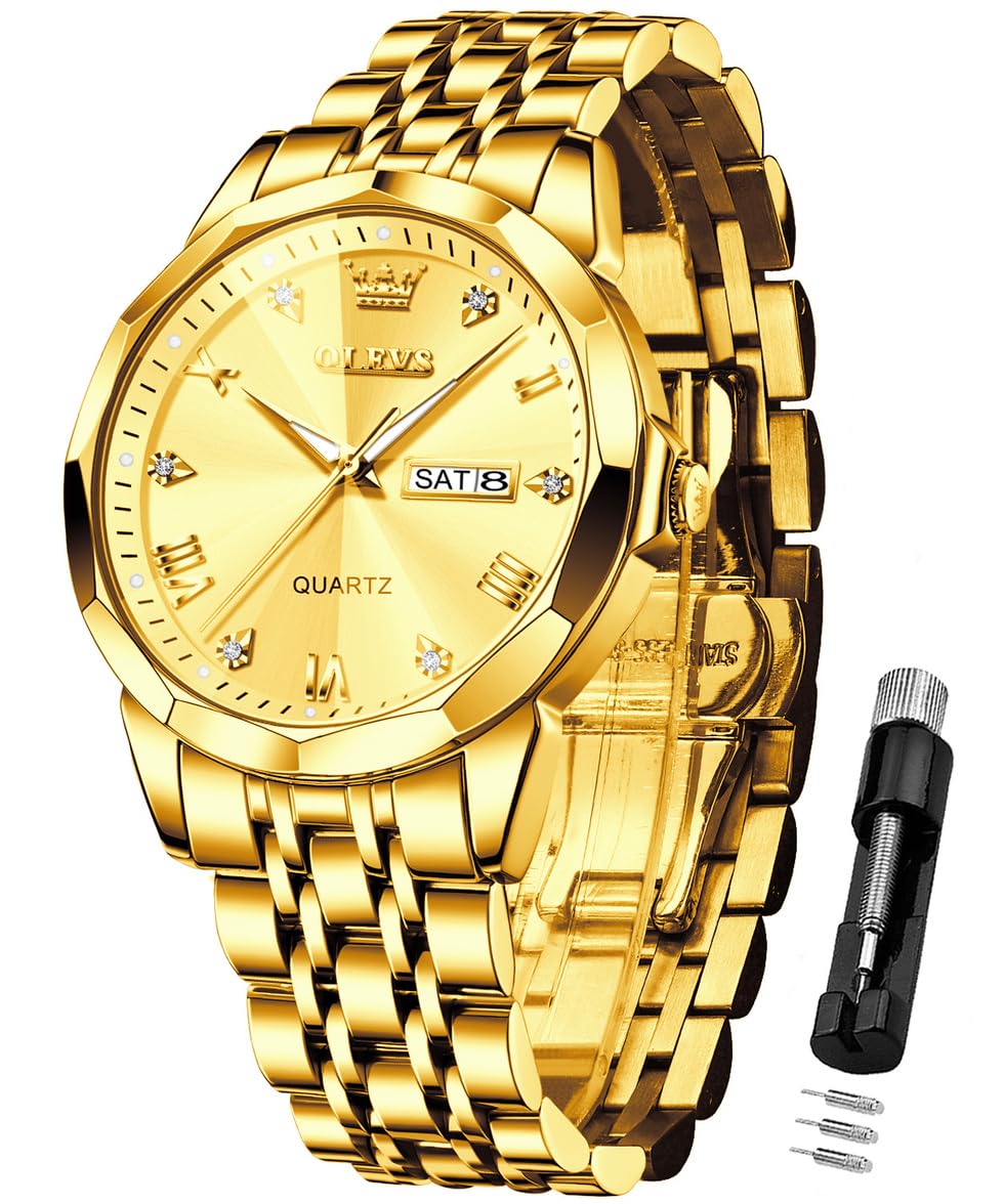 OLEVS Gold Watch for Men Analog Quartz Dress Diamond Business Watches Stainless Steel Waterproof Luminous Date Luxury Wrist Watch (B0D4VH925D) Amazon Price History, Amazon Price Tracker