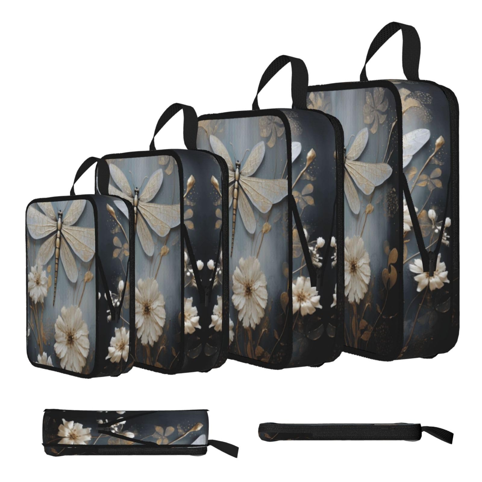 Sxzvvbn Black A White Dragonfly In Bloom Compression Packing Cubes 4 Piece Set