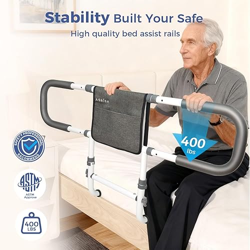 Miniatura 4 de Agrish Rieles de cama para adultos mayores, rieles de cama extendidos ajustables para personas mayores con bolsa, rieles laterales de cama aprobados