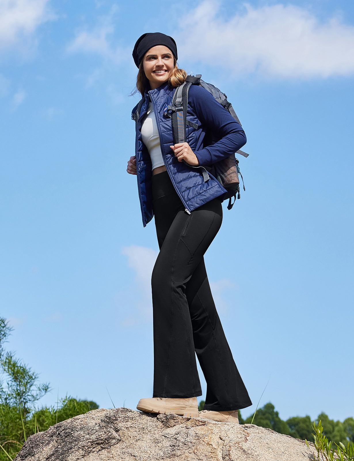 BALEAF Pantalones de invierno con forro polar para mujer, térmicos, cálidos, acampanados, pantalones de yoga cruzados, parte inferior acampanada con bolsillos | Cintura cruzada en V, 2 bolsillos laterales, forro polar suave, no transparente, adecuado para