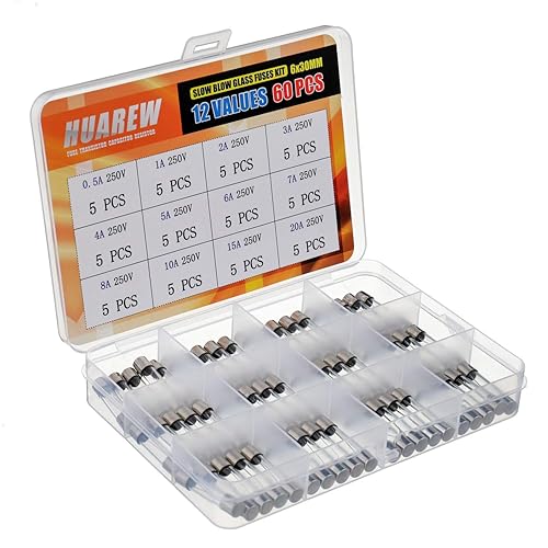 Miniatura 2 de HUAREW 12 valores 60 piezas 0236x1181in fusible de vidrio soplado lento 024x118 pulgadas 250 V V T 05 1 2 3 4 5 6 7 8 10 15 20 A kit surtido