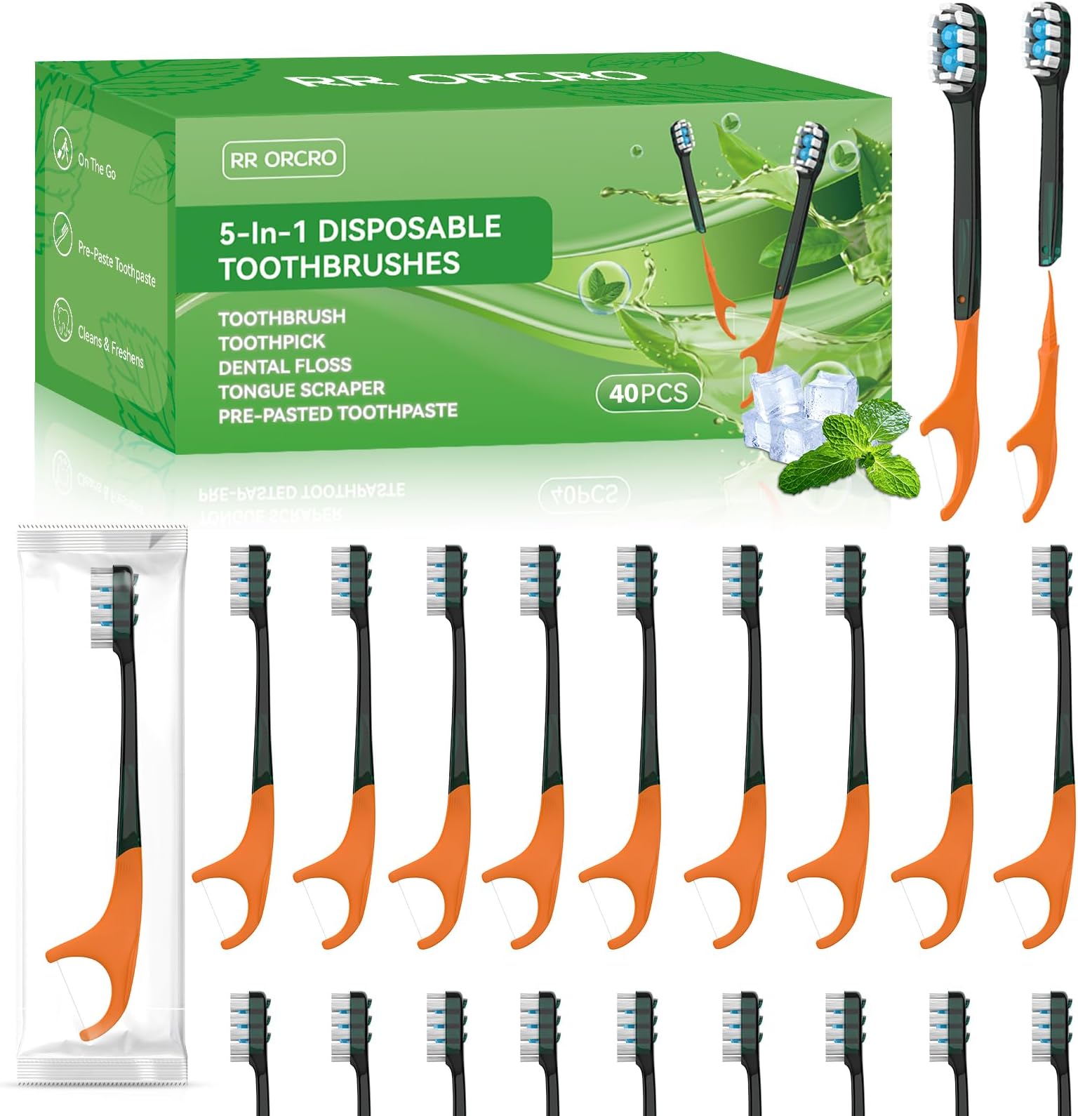 40Pack Disposable Toothbrushes with Toothpaste + Pick + Floss + Tongue Scraper 5-in-3 Mini Prepasted Travel Toothbrush for Hotel Camping Flight Car Single Use Portable Individually Wrapped | Mint