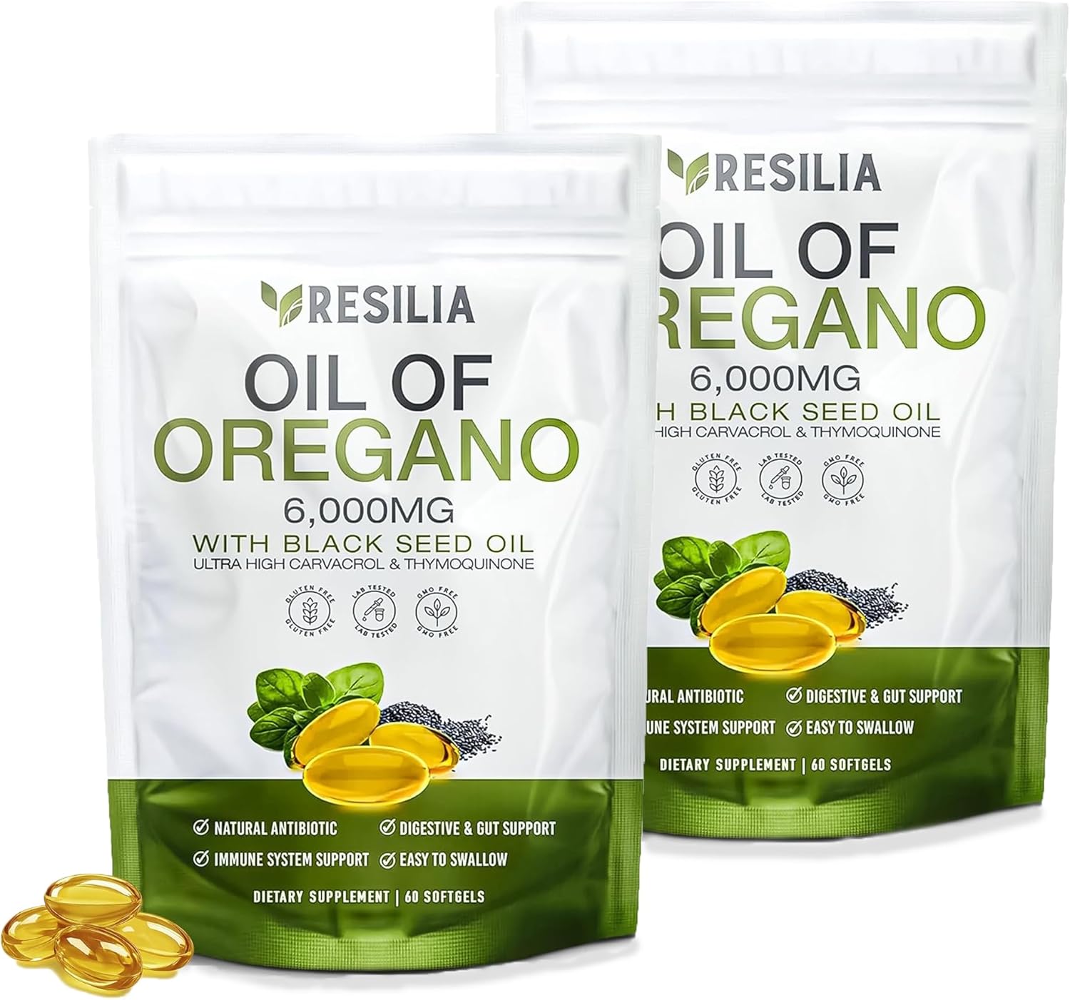 Softgels with Black Seed Oil 6000mg – Organic Oregano Oil Capsules for Immune & Digestive Support – Non-GMO, Gluten-Free Softgels – Natural Herbal Wellness Supplement Pack of 2