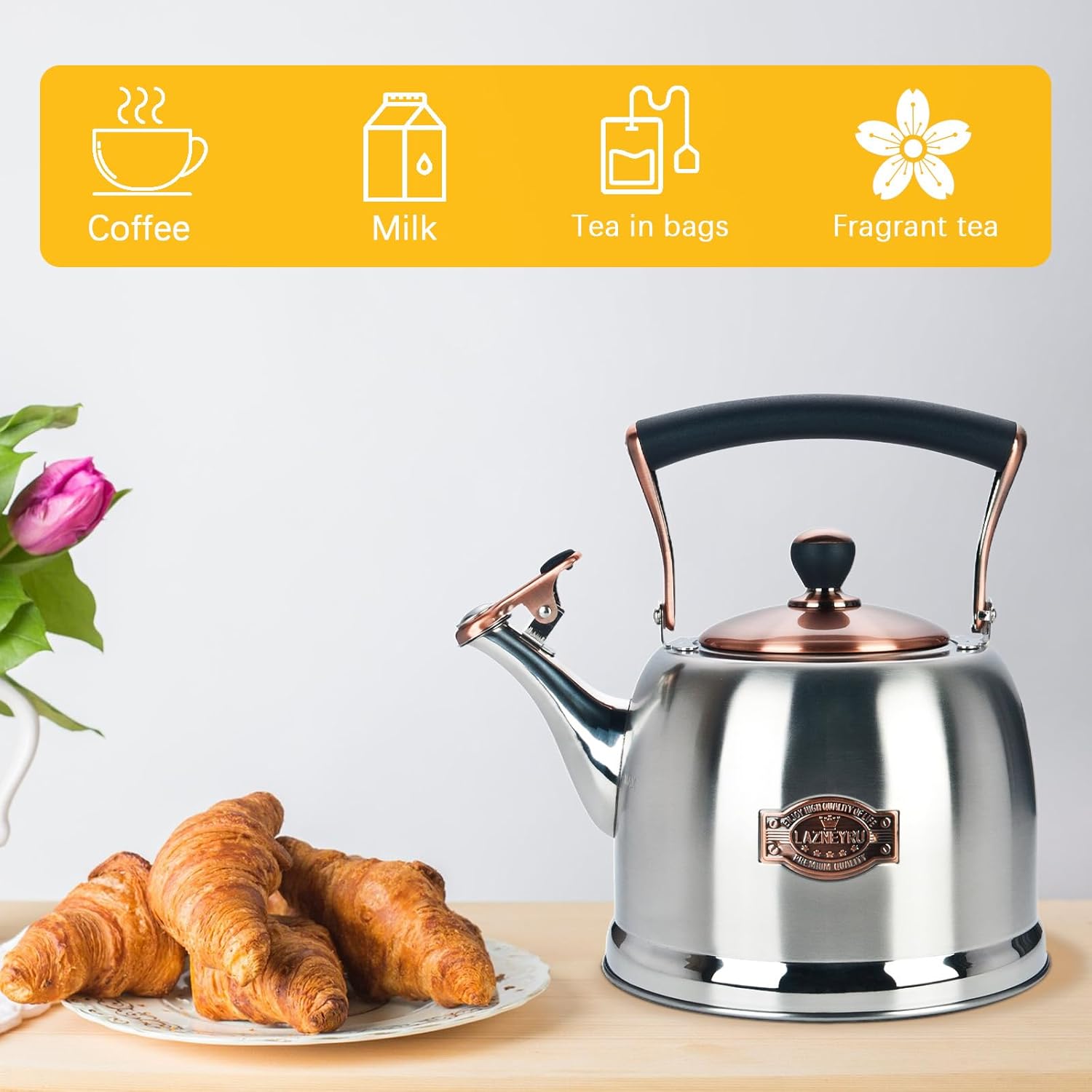 Tea Kettle Stainless Steel Teapot, Stainless Steel Teakettle for Stove Top with Heat Proof Ergonomic Handle 3.0 Quart