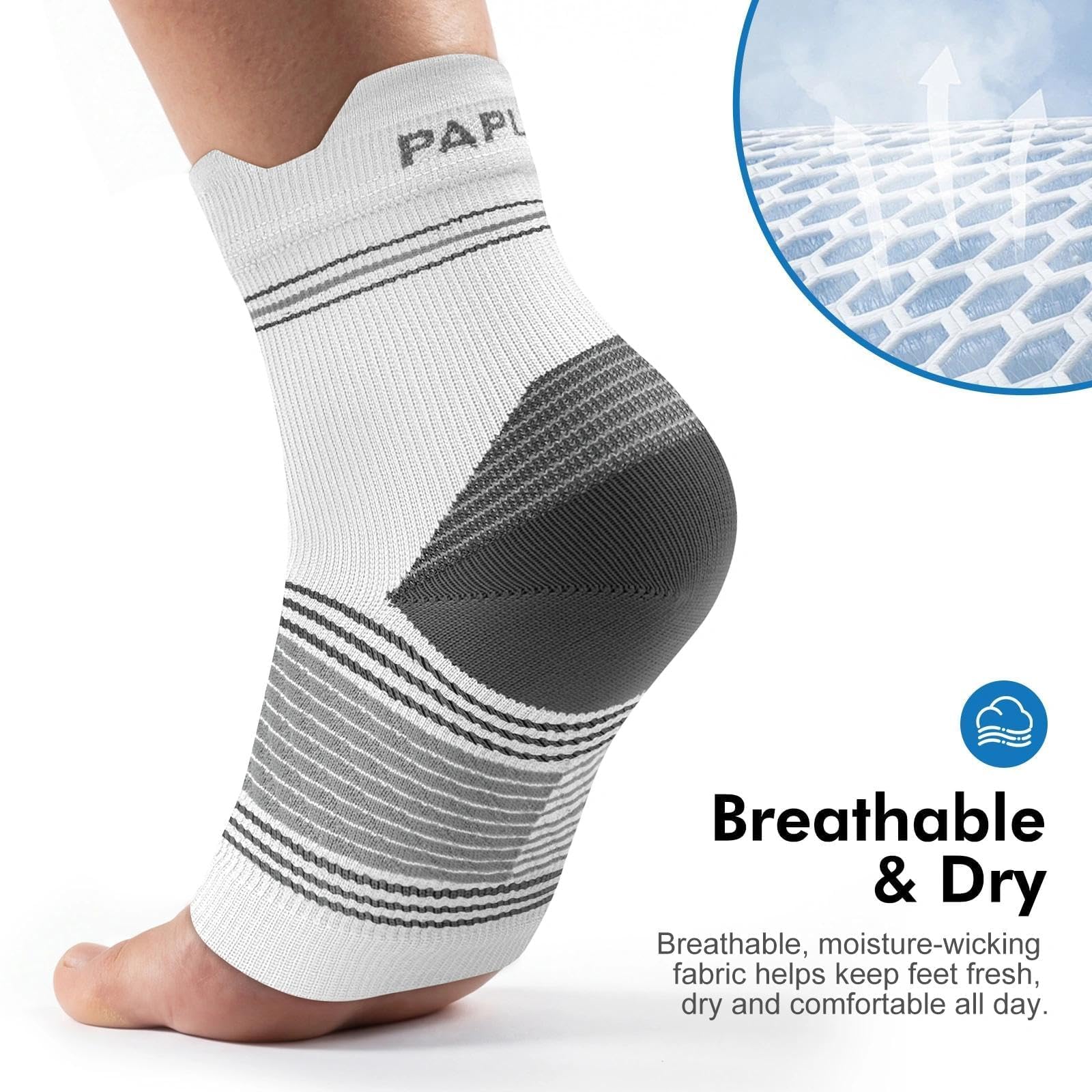 Calcetines para fascitis plantar (6 pares) para hombres y mujeres, mangas de compresión para pies con soporte de arco y tobillo (blanco, M)