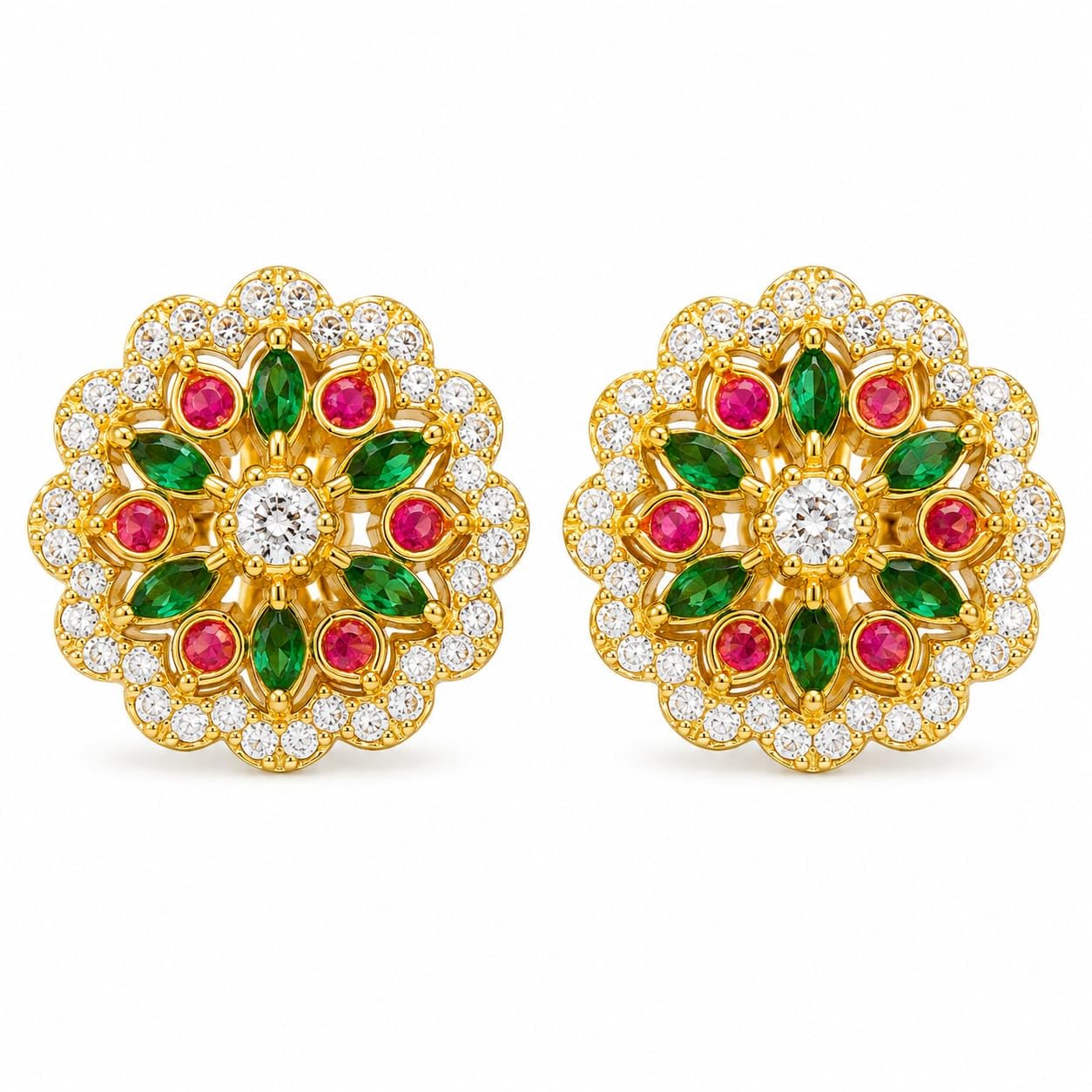 Traditional Floral Stud Earrings for Women Gold Tone-picture-29
