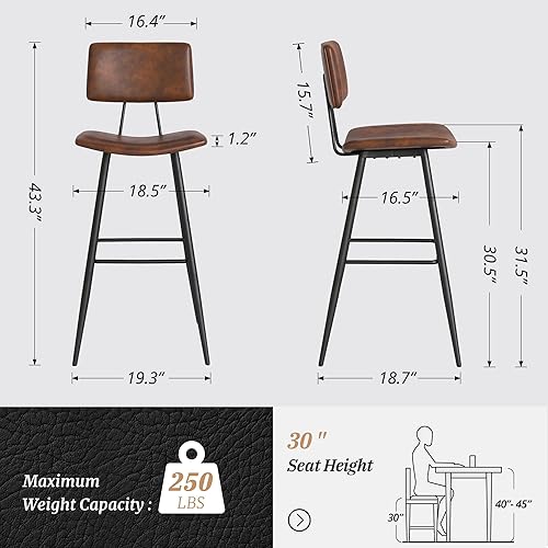 Miniatura 34 de Juego de 2 taburetes de bar de altura de mostrador de 24.5 pulgadas, taburetes de bar tapizados de piel sintética negra con reposapiés trasero y