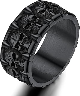 ChainsProMax Can Engrave Men Skull Rings, Stainless Steel Statement Biker Rings, Gold Plated/Black-Send Gift