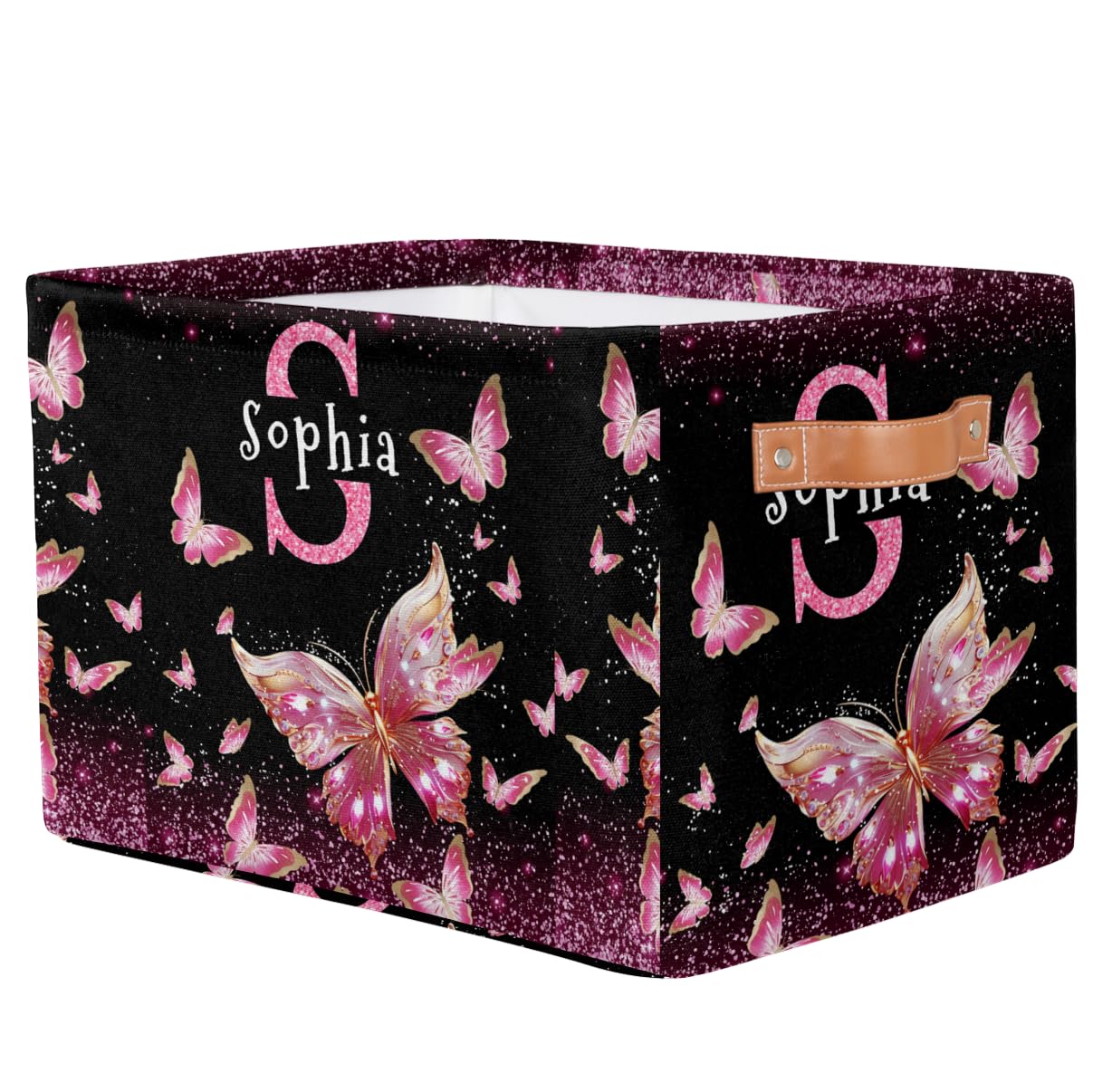 Custom Rectangular Initial Letter Storage Basket, Kids Toys Bin, Books Shelf Basket, Shiny Gold Pink Butterfly with Glittering Dreamy Clothes Towel Storage Bin for Nursery, Gift Basket