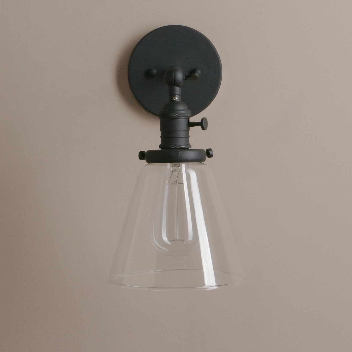Fеаturеd Prоduсt Permo Industrial Wall Sconce Lighting with On/Off Switch Funnel Flared Clear Glass Hand Blown Shade (Black)