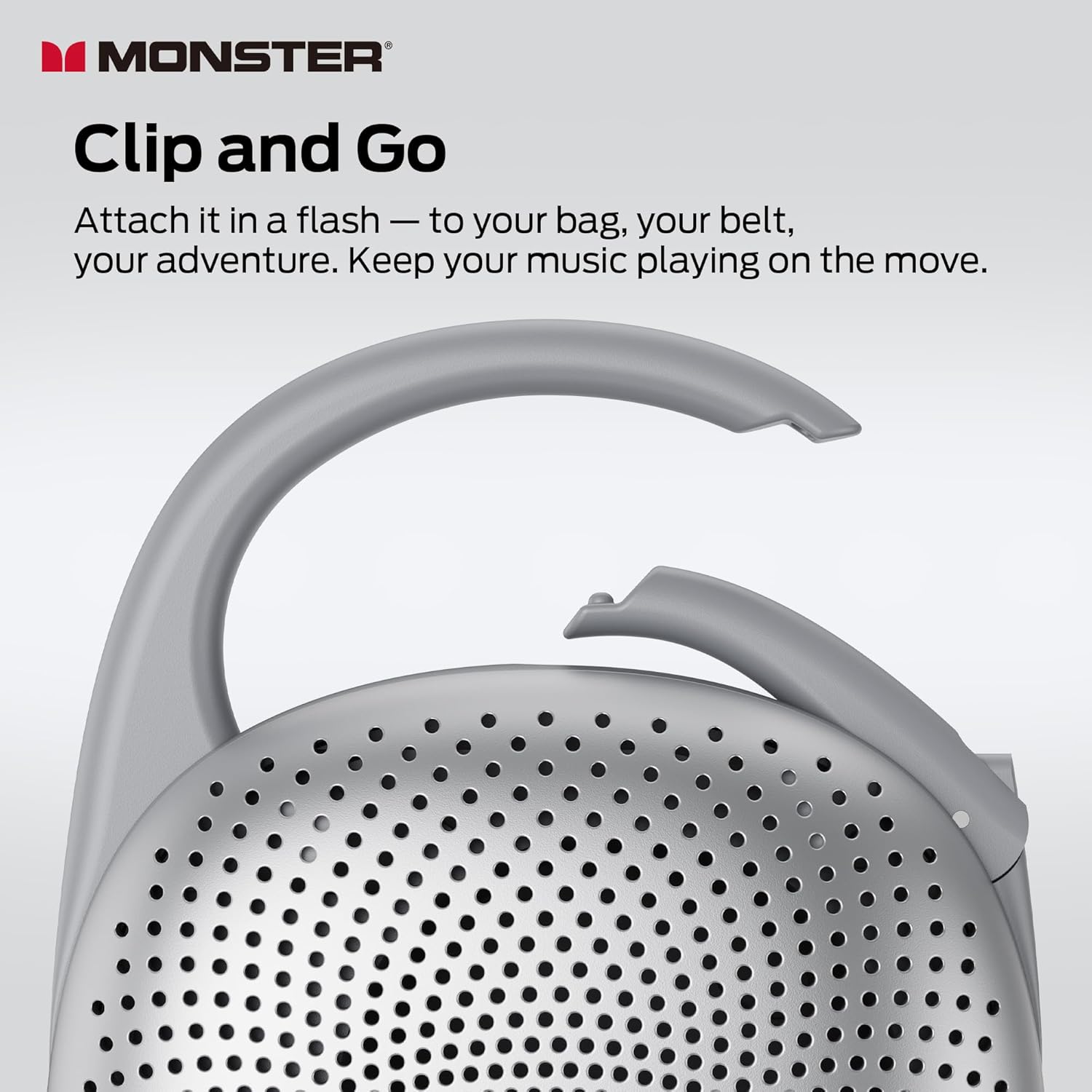 Monster S370 Ultra-Portable Bluetooth Speaker with Integrated Carabiner Clip, IPX7 Waterproof, 29H Playtime, Bluetooth 6.0, TWS Pair Clip-On Speaker for Outdoor, Hiking, Beach, Shower & Travel, Grey