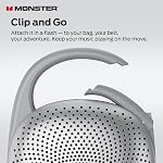 Monster S370 Ultra-Portable Bluetooth Speaker with Integrated Carabiner Clip, IPX7 Waterproof, 29H Playtime, Bluetooth 6.0, TWS Pair Clip-On Speaker for Outdoor, Hiking, Beach, Shower & Travel, Gray