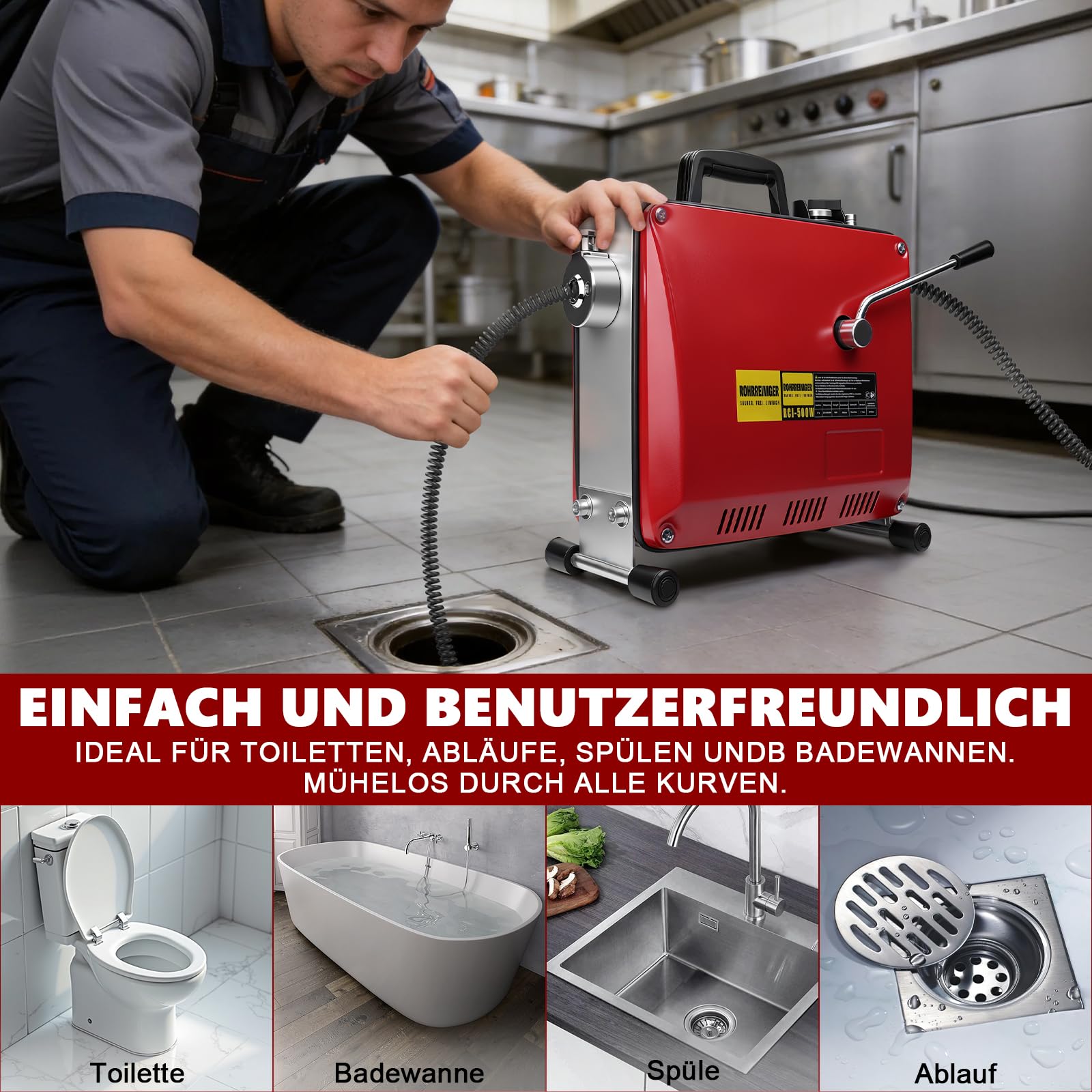 500W Elektrisch Rohrreinigungsmaschine mit 13X köpfe Ø16mm 21M + Ø10mm 5M | f. Ø30-100 mm Rohrleitungen, 450 U/m, Elektrisch Rohrreinigungsgerät Rohrreiniger Reinigung Abflussreiniger Rohrreinigung