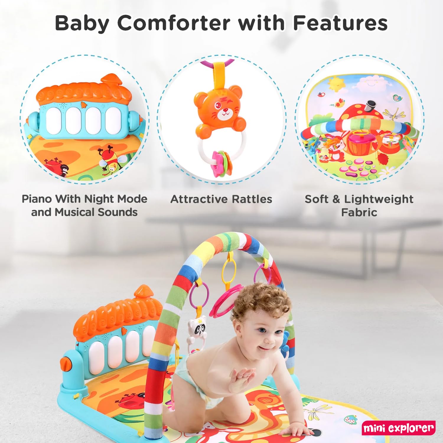 MiniExplorer Play Mat for Babies 0-12 Months | Play Gym for Babies 0-12 Months with Kick & Play Piano | Baby Play Mat 0-2 Years | Newborn Toys 0-6 Months | Baby Gym Mat with Hanging Toys 2