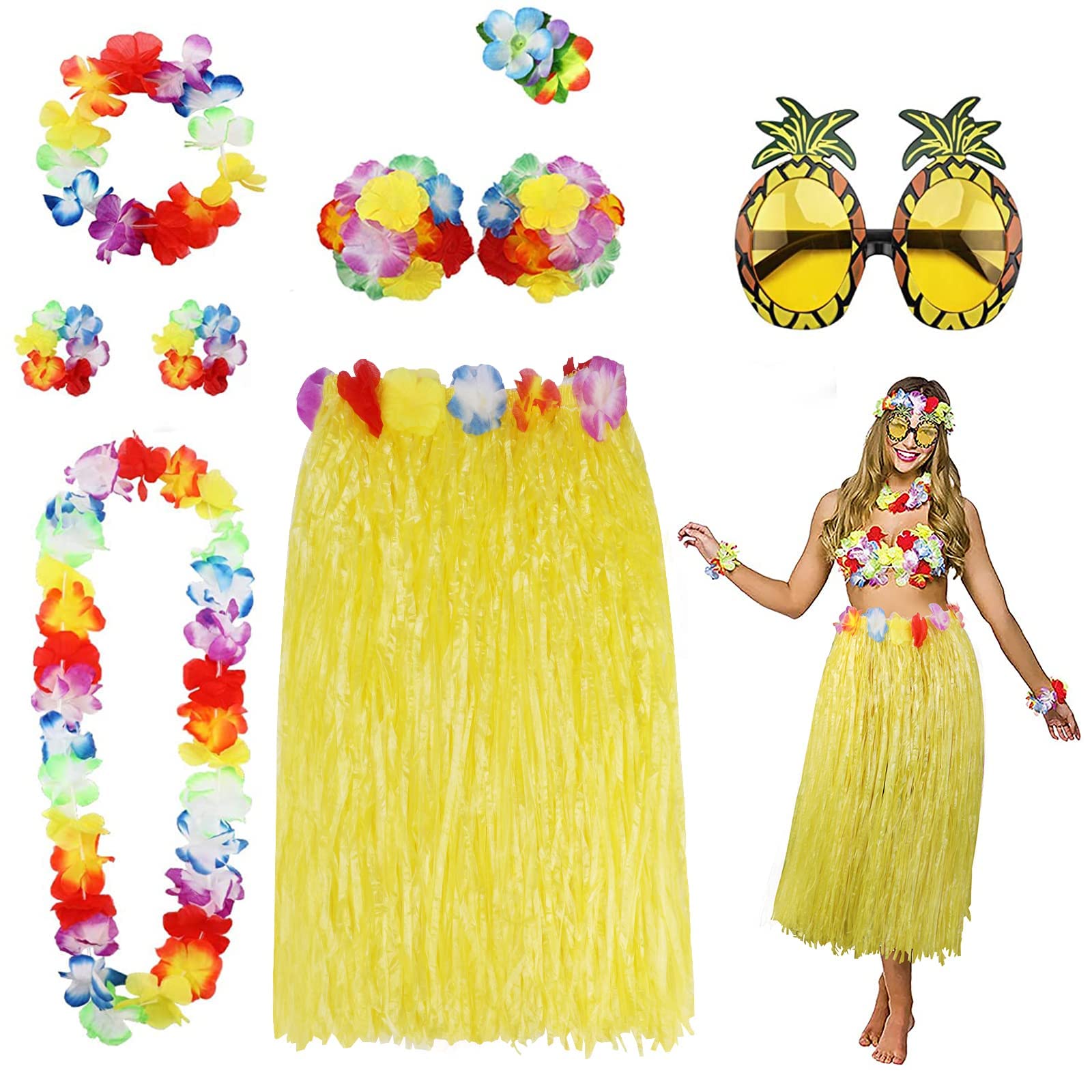 8 Pack Hula Skirt Costume Accessory Kit for Hawaii Luau Party - Dancing