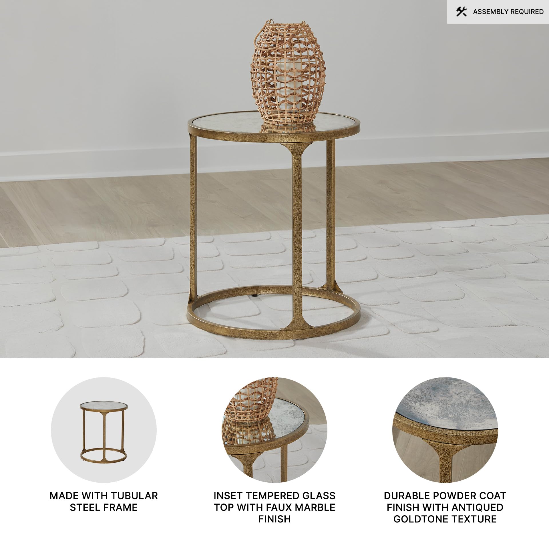 Signature Design by Ashley Korajane Round End Table, Gold, 20 Inch | 20x20x23 in round end table, 21.63 in under table space, Faux marble tempered glass top, Antique gold metal frame