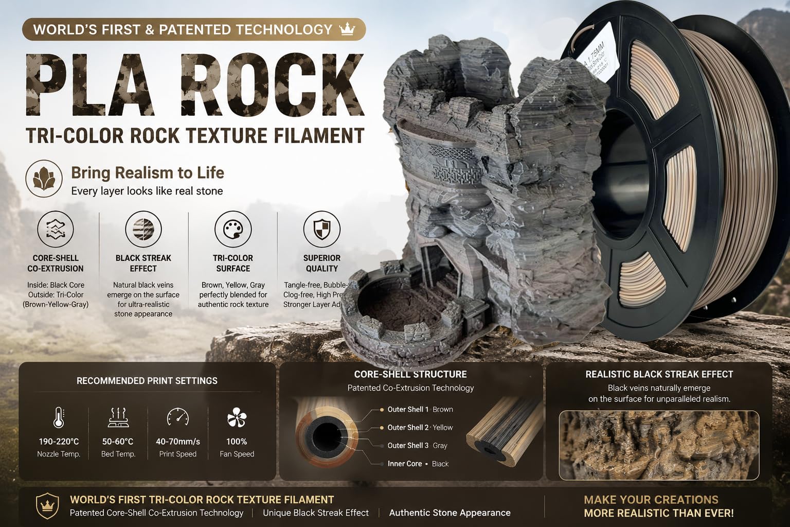 Amazon.com: 3DimsFila 3D Printer PLA Filament 1.75mm,Rock Stone