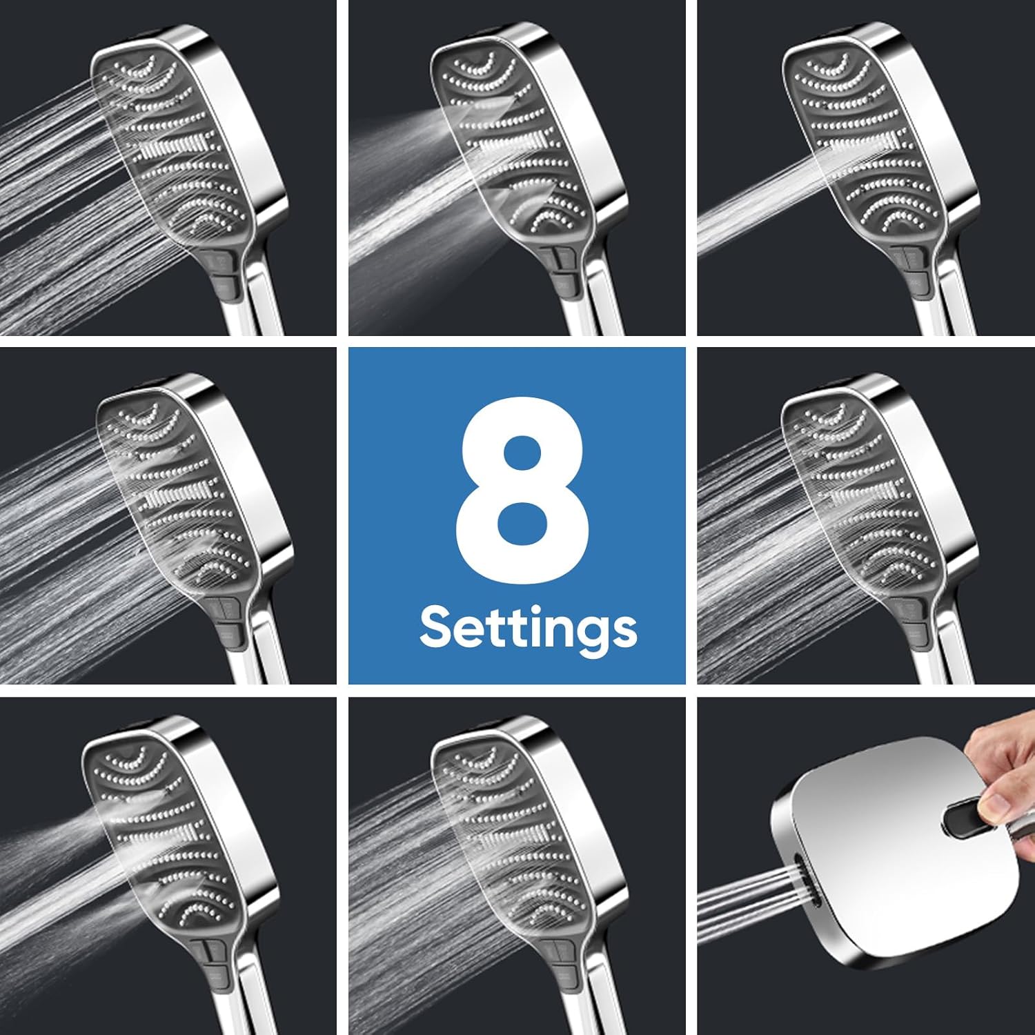 High Pressure Shower Head with Handheld,8 Modes,Heat-Resistant Premium ABS Material,Anti-clog Nozzles,Built-in Power Wash to Clean Tub,Tile & Pets,59″ SUS 304 Hose & Thickened Bracket,Silver