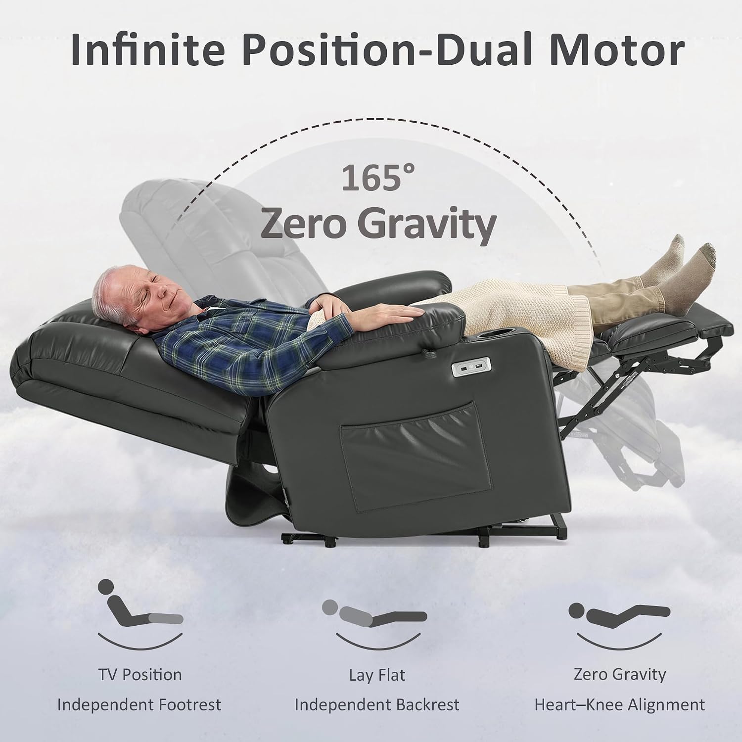 MCombo Dual Motor Power Lift Recliner Chair for Elderly, Lay Flat Lift Chair with Heat and Massage, Oversized Lift Recliner for Big and Tall, Faux Leather R7891 (Grey, Oversized)