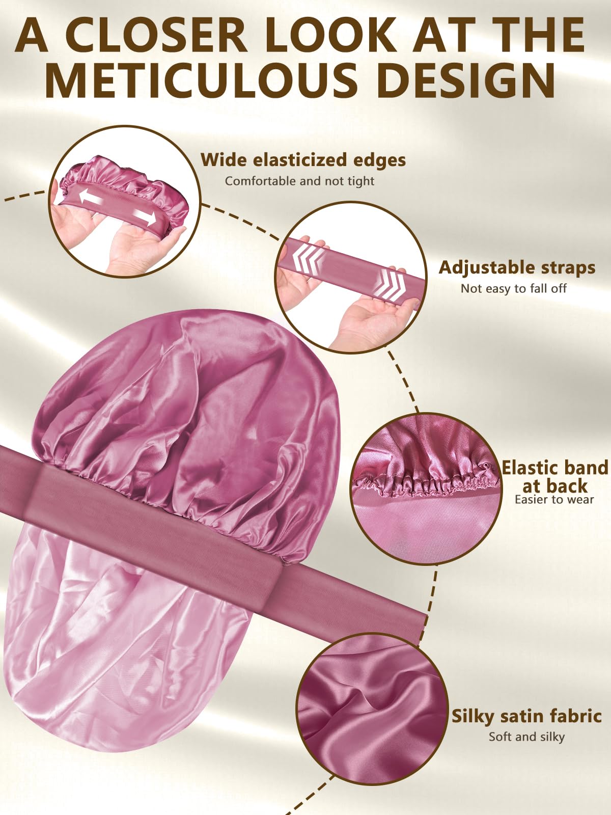 SUTIYO Satin Bonnet for Sleeping Double Layer Silk Bonnet for Curly & Long Hair, Adjustable Hair Bonnet for Women Girls Pink/Light Pink - Image 4