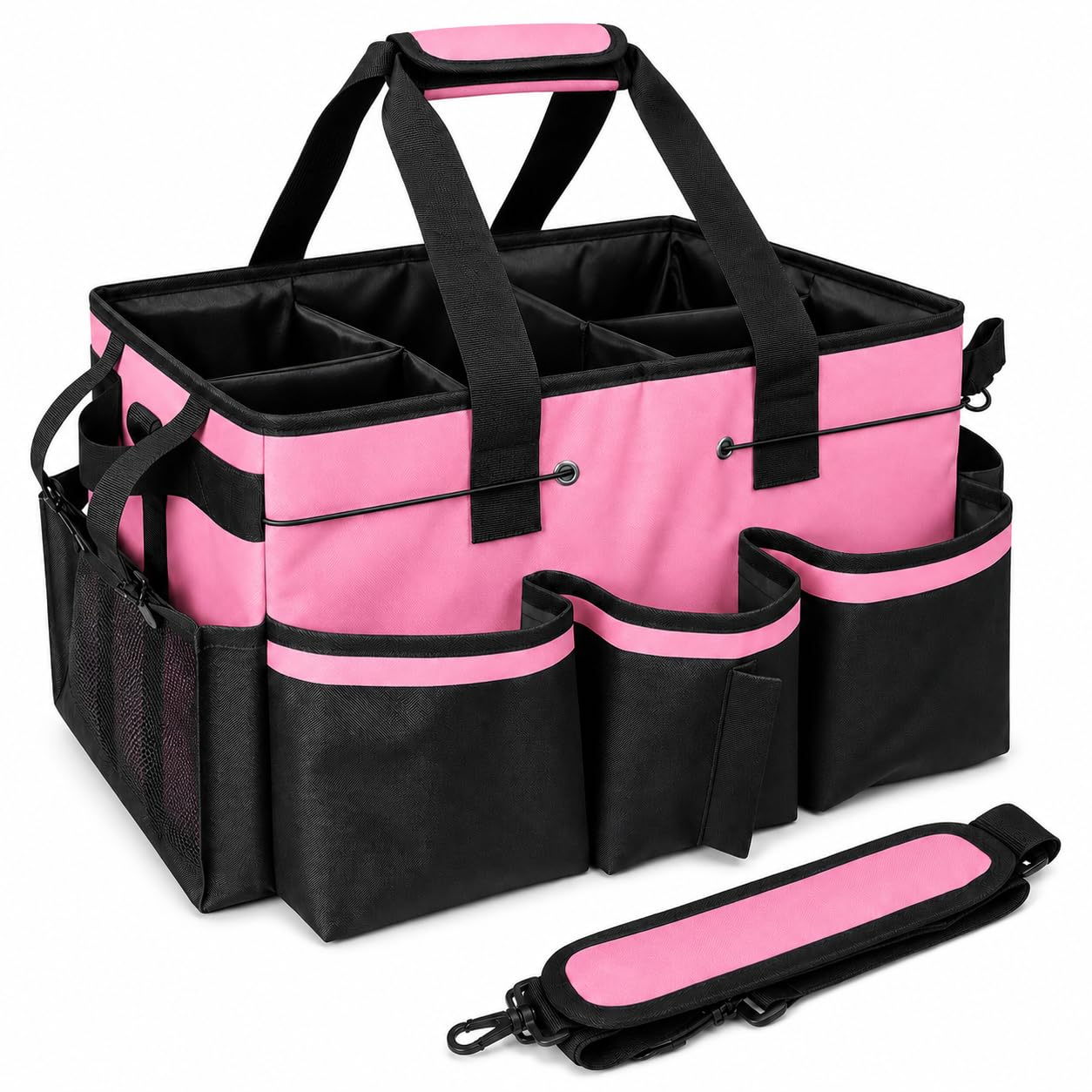 Vpukveer Professional Cleaning Caddy Bag – 5 Dividers, Adjustable Shoulder Strap & Waist Belt, Multiple Pockets for Housekeepers Cleaners Home Car Pink