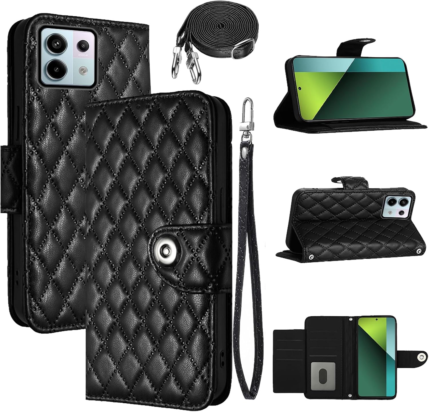 Wallet Case for Xiaomi Redmi Note 13 5G with Wrist Strap Crossbody Shoulder Strap, Argyle Pattern Leather Flip Credit Card Holder Stand Cell Phone Cover for Redmi Note13 5G Girls Women Black